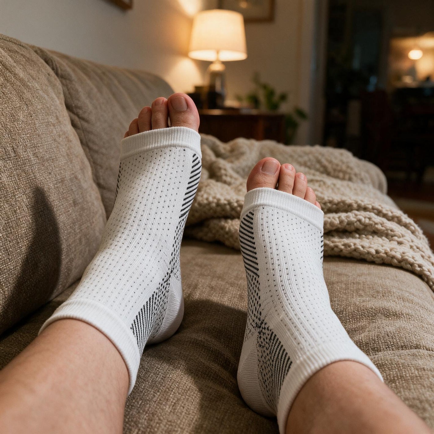 Pies con medias de compresion descansando en el sofa por la noche